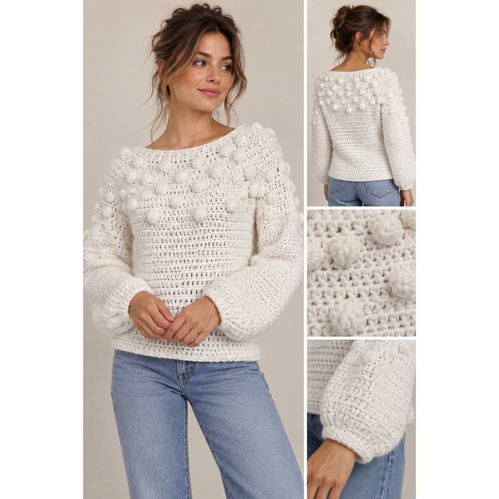 Handmade Crochet Sweater Women M White Bobble Knit Cottagecore Popcorn Stitch